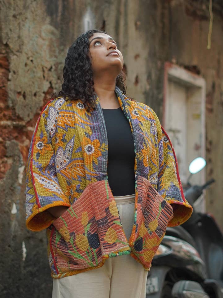 ONE OF A KIND vintage reversible Kantha Shrug with belt: for wholesale by Annahmol