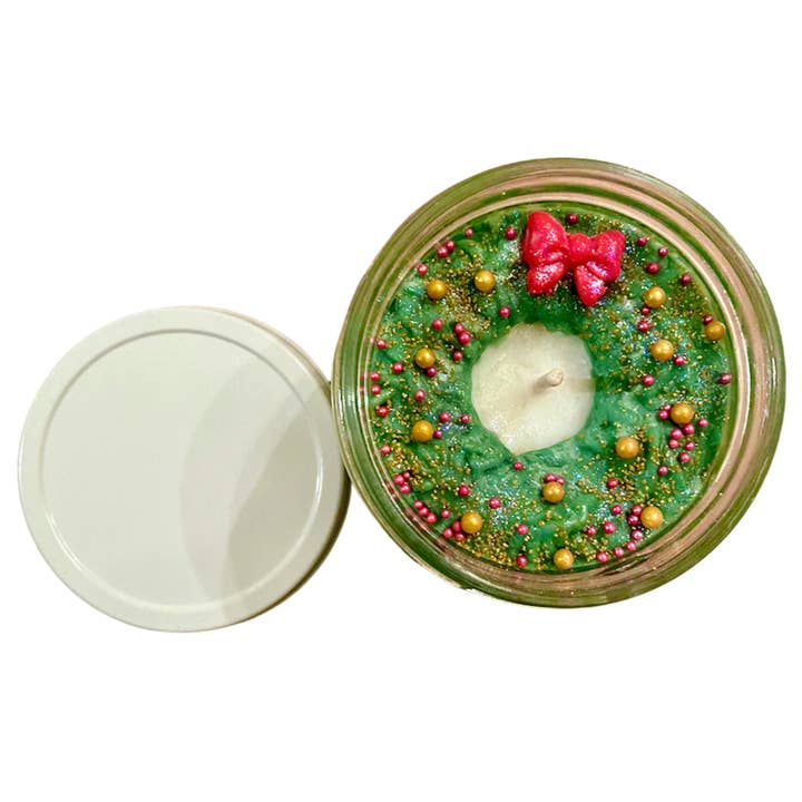 LIT Candles NJ - Wholesale Jar/Filled Candle - Holiday Wreath, Christmas Pine Scented Glitter Soy Candle