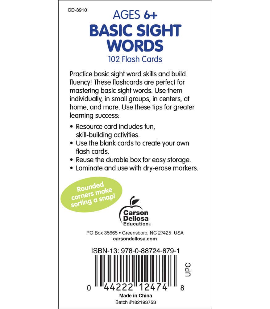 Carson Dellosa Education - Wholesale Learning Cards - Kids & Baby - Basic Sight Words Flash Cards, Ages 6 - 91