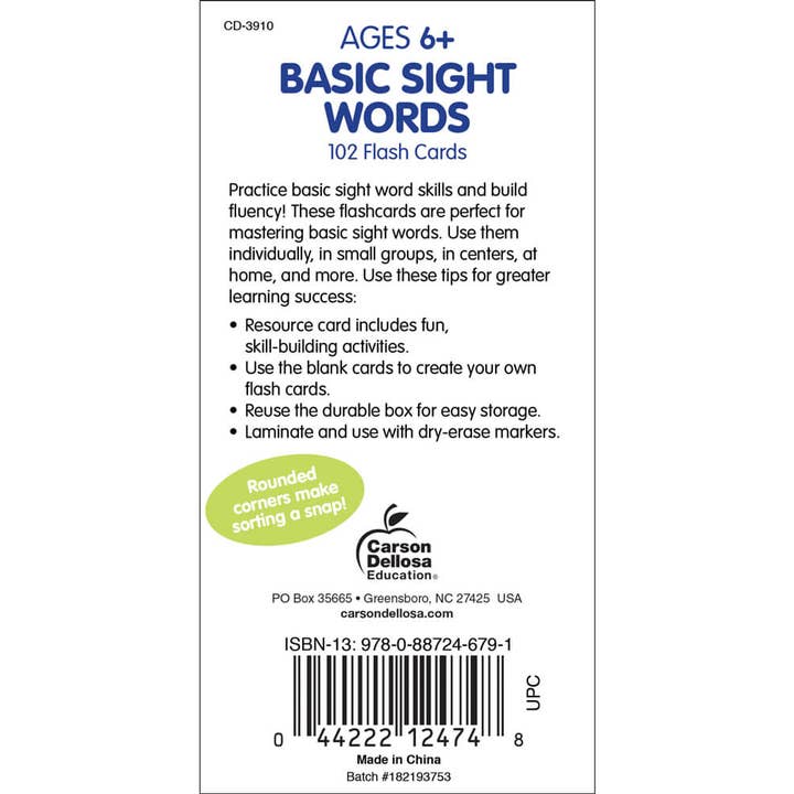 Carson Dellosa Education - Wholesale Learning Cards - Kids & Baby - Basic Sight Words Flash Cards, Ages 6 - 91