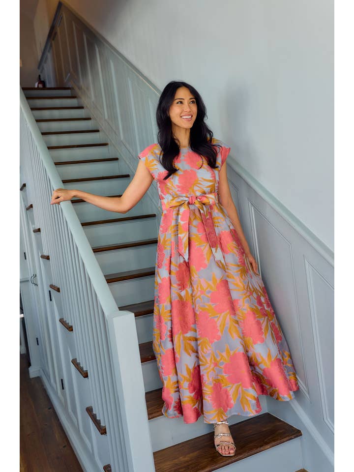 Abbey Glass – wholesale Gown – Women's – Olivia Gown Hot Coral Pansy Vine Organza5