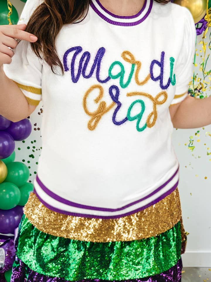 LDC Mardi Gras Striped Detail Short Sleeve Sweater for wholesale by Little Daisy Closet