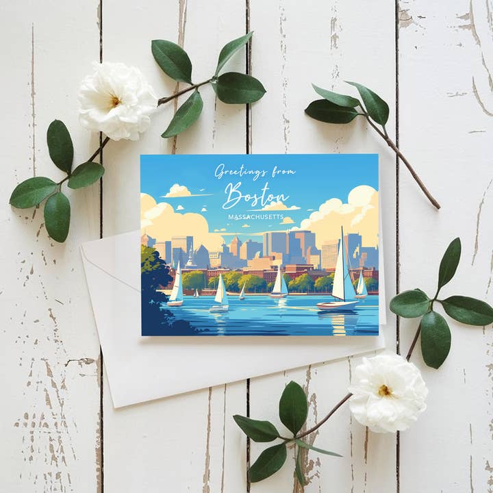 Boston Greeting Card | Boston Harbor Boston Skyline for wholesale by anyangartStudio