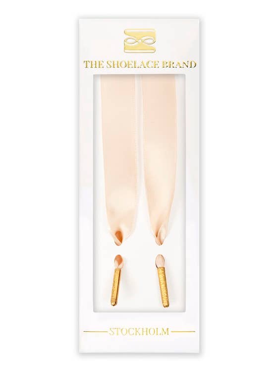 The Shoelace Brand – Engroshandel Snørebånd - Unisex – Champagne Silke – Gyldne Satin Snørebånd med Guldfarvede Metalspidser