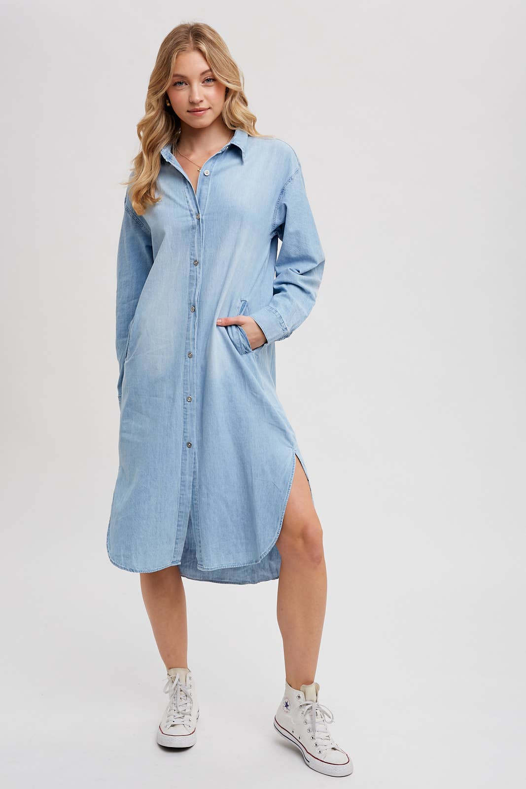 Bluivy - Wholesale Dress - Women's - DENIM LONGLINE SHIRT MIDI DRESS