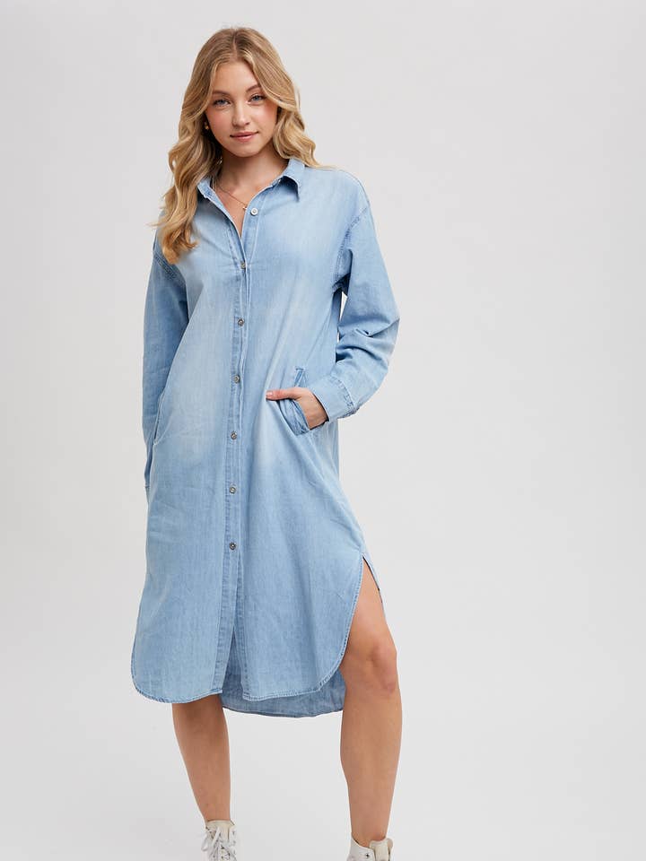 Bluivy - Wholesale Dress - Women's - DENIM LONGLINE SHIRT MIDI DRESS0
