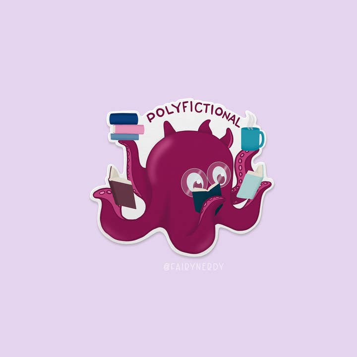 FairyNerdy - Wholesale Sticker - Funny Reading Octopus, Multiple Book Reader Vinyl Sticker2