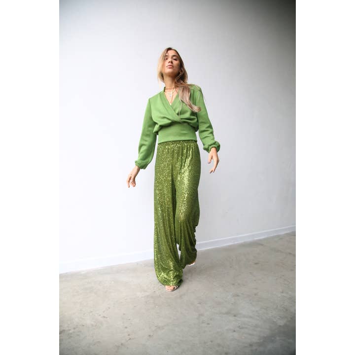 lentejuelas de pistacho W5052 Pantalones acampanados con lentejuelas color pistacho de venta al por mayor en Faire