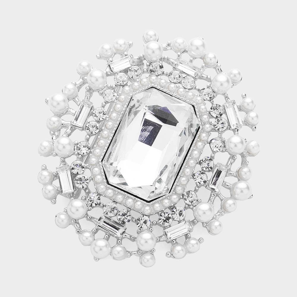 Sensibling Corp. - Wholesale Brooch - Rectangle Glass Stone Pointed Pearl Embellished Pin Brooch5