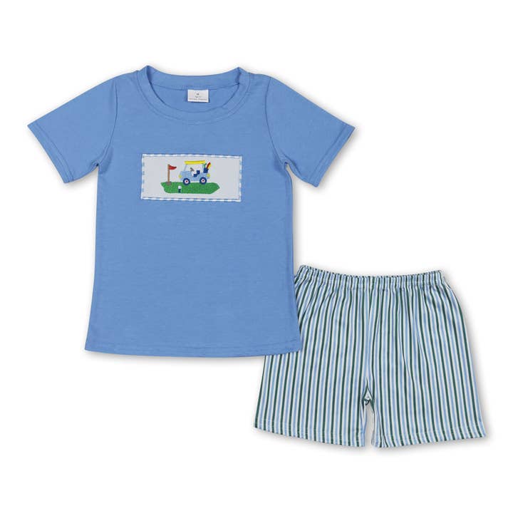 Light blue golf top stripe shorts boys summer outfits for wholesale by Yawoo Garments