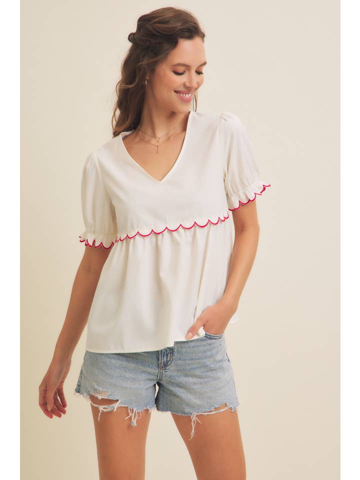 in february - Venta al por mayor Blusa - Mujer - TOP DE CONTRASTE CON VIEIRAS Y MANGAS ABULLONADAS