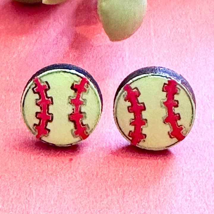 Softball Handmade Wood Stud Earrings for wholesale by The Poppy Peach, LLC.