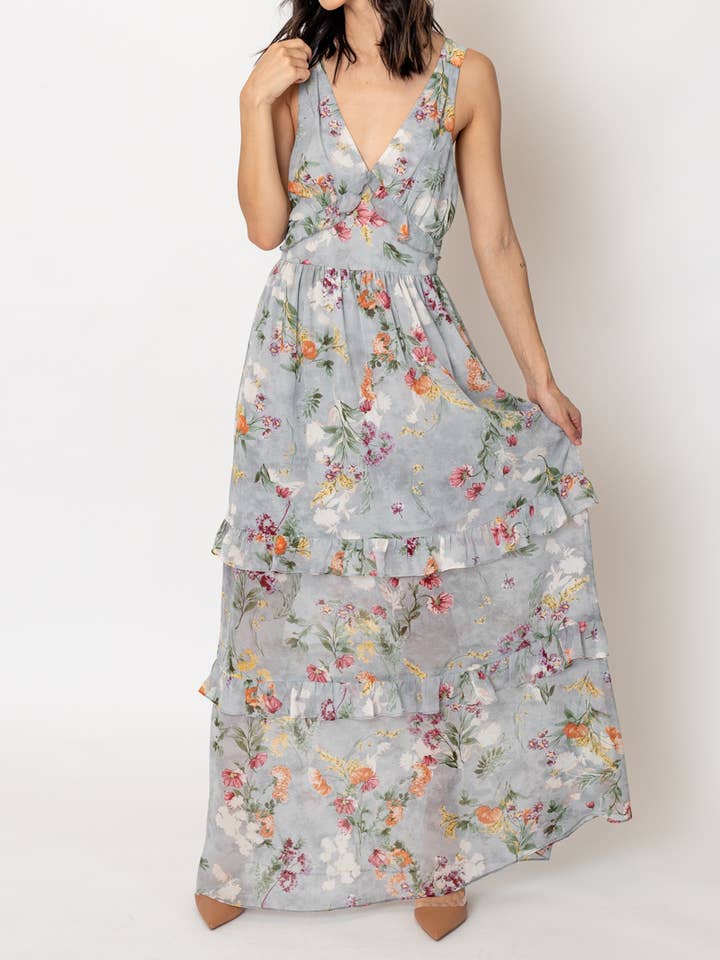 Robe longue sans manches à imprimé floral pour la vente par En Crème