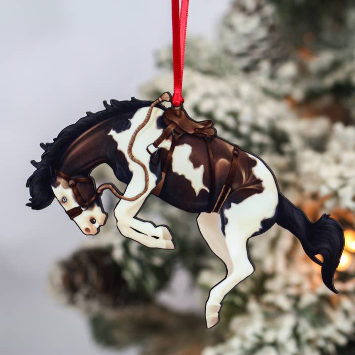 Décoration de Noël en forme de cheval Bay Tobiano Bucking Rodeo pour la vente par Classy Equine