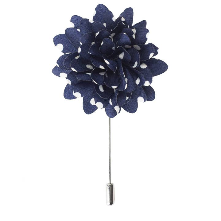 Silk Flower Lapel Pin, Navy and White Polka Dots for wholesale by Mrlapel