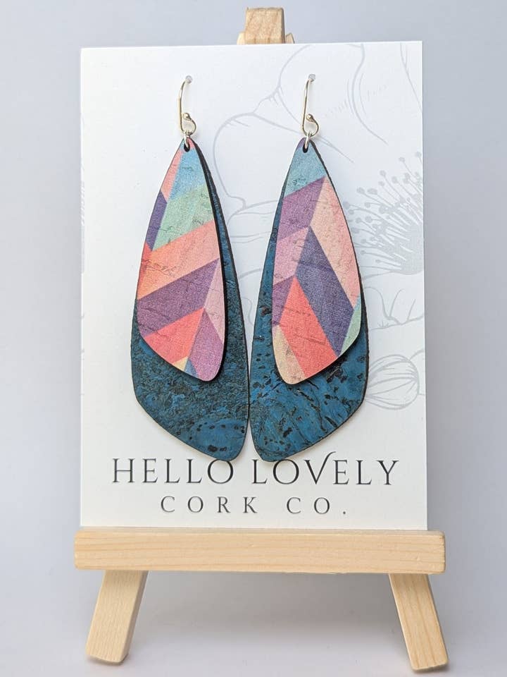 Dragonfly Earrings - Pink Herringbone with Deep Teal for wholesale by Hello Lovely Cork Co.