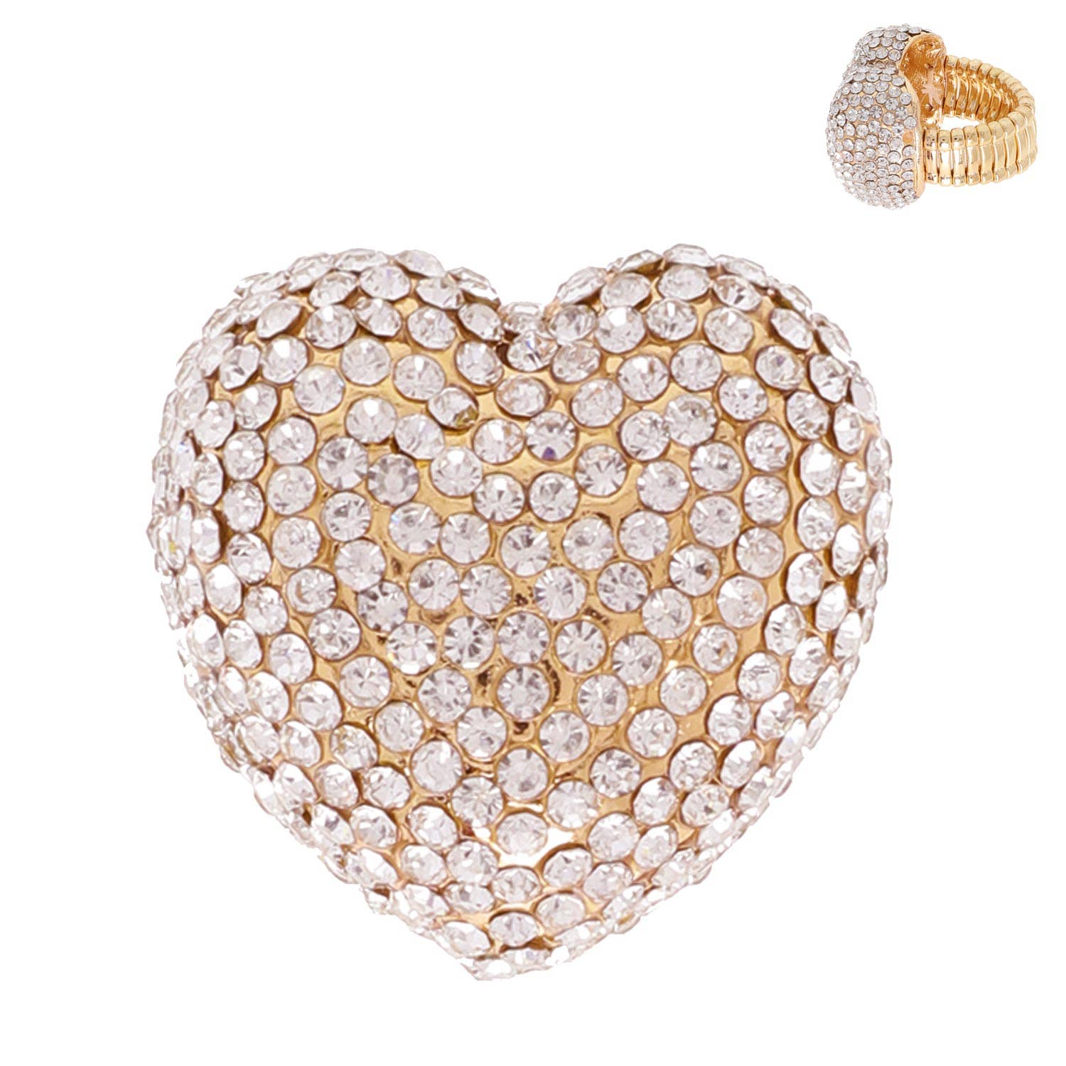 SP Sophia Collection - Wholesale Cocktail/Statement Ring - Crystal Rhinestone Pave Heart Shaped Stretch Ring4