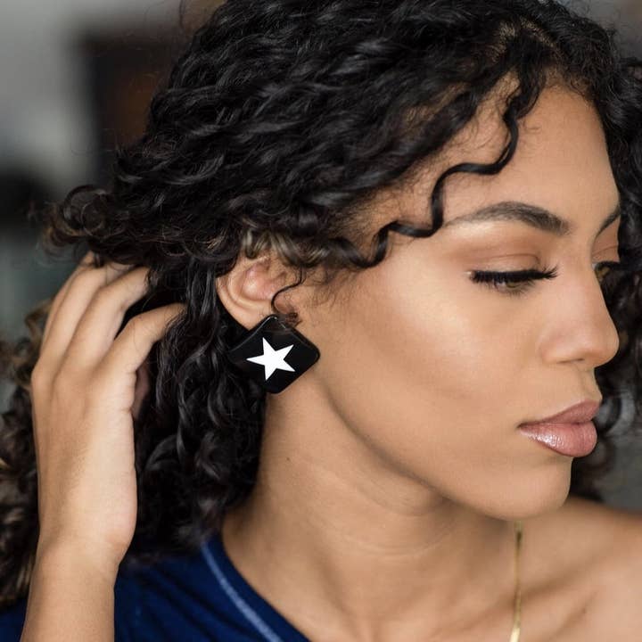 Black & White Square Star Stud Earrings for wholesale by Leetie Lovendale