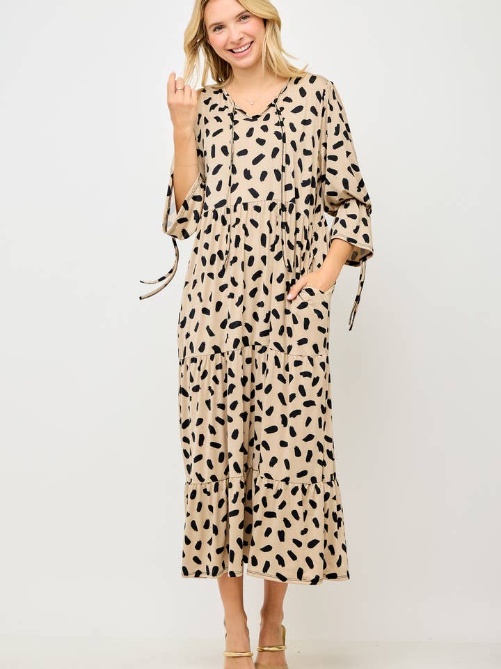 ABITO LEOPARDATO TAGLIE FORTI DA DONNA CON MANICHE A POLSINO CON FIOCCO per la vendita all'ingrosso da parte di Celeste Clothing