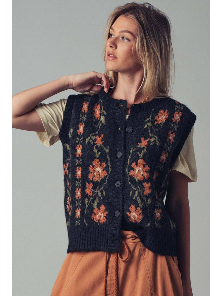Urban Daizy - Wholesale Sweater Vest - Women's - Floral Knit Button-Up Sweater Vest14