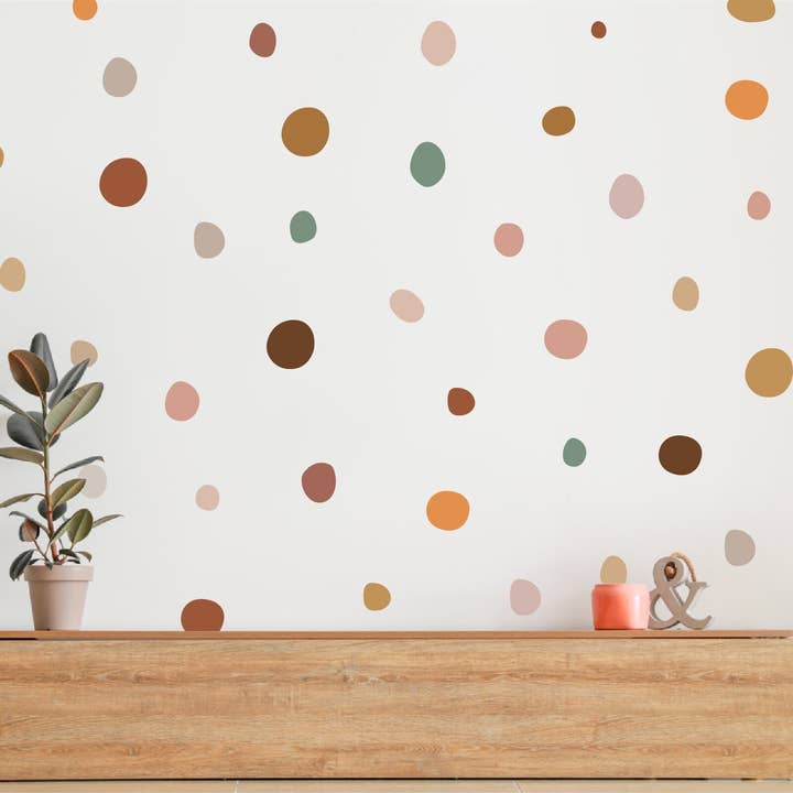 Conjunto de 150 autocolantes de bolinhas irregulares, Decalques de parede para quarto de bebé Boho, Autocolantes de parede neutros, Decoração de parede para sala de jogos, Decalques de parede em tons terra por atacado de Decals Online