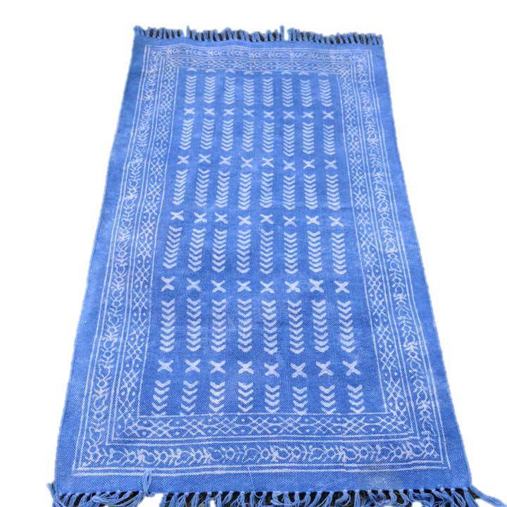 INDIGO DYED HANDWOVEN FLORAL BLOCK PRINTED COTTON DECOR RUG for wholesale by OMSutra