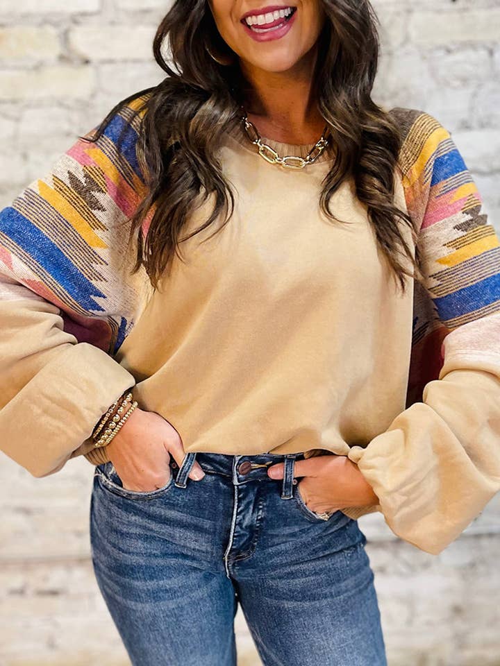 Camisola Raglan Patchwork Azteca Bege Claro Francês por atacado de Azzurro