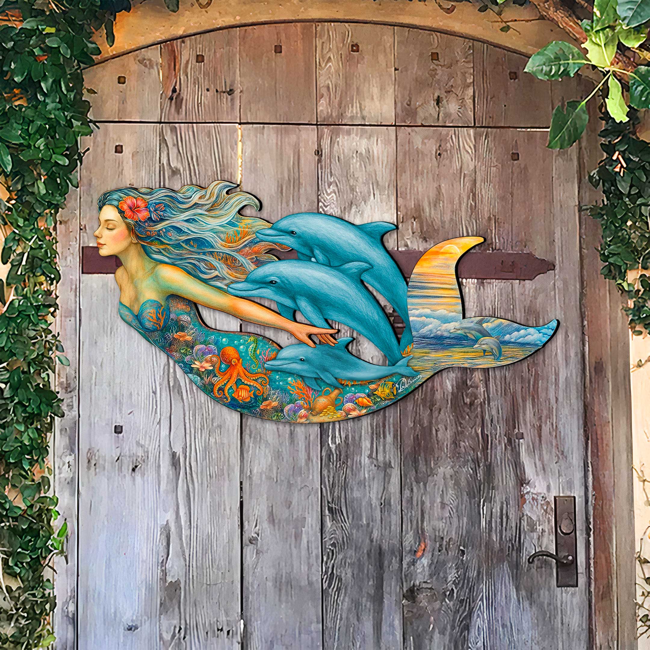 Designocracy - Wholesale Door Hanger - Mermaid & Dolphins Coastal Door Hanger - Handcrafted Ocean Fantasy Art Decor by G. DeBrekht - Coastal Holiday Decor - 81985143H4