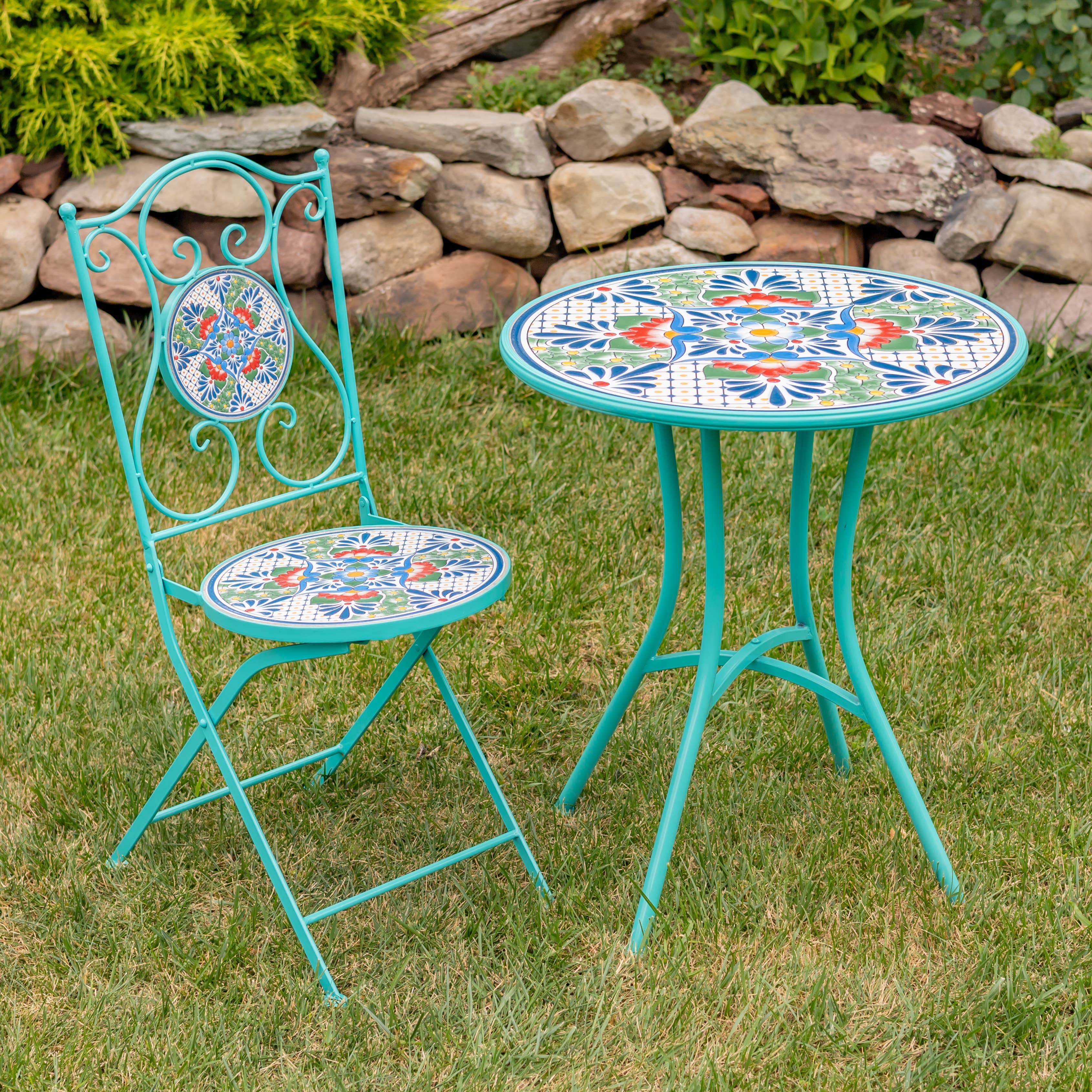 Zaer Ltd. International - Wholesale Patio Set - "Baton Rouge" Mosaic Bistro Set - 3PC/Set- Blue, Green & Red3