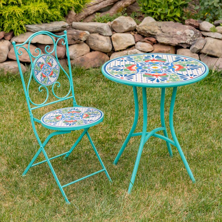 Zaer Ltd. International - Wholesale Patio Set - "Baton Rouge" Mosaic Bistro Set - 3PC/Set- Blue, Green & Red3
