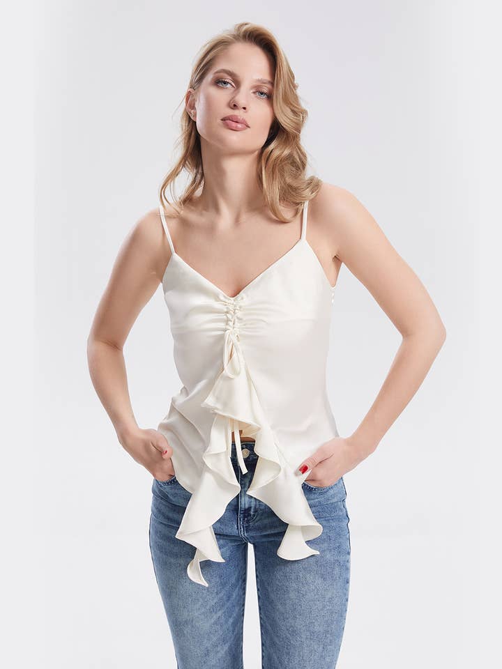 Camicia da donna senza maniche a balze con scollo a V SKT304 per la vendita all'ingrosso da parte di Sweetkama