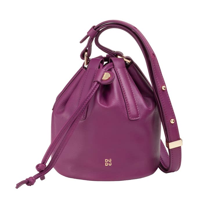 Dudu Small Leather Drawstring Bucket Bag Fuchsia for wholesale by dudu