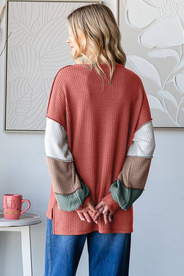 7th Ray – wholesale Knit top – Women's – Waffle Knit Color Block Button Front Balloon Sleeve TopT57245