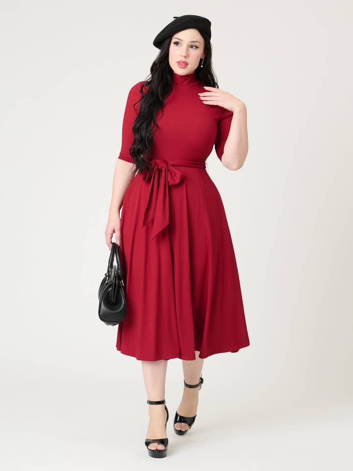 Unique Vintage Burgundy Turtleneck Midi Dress for wholesale by Unique Vintage