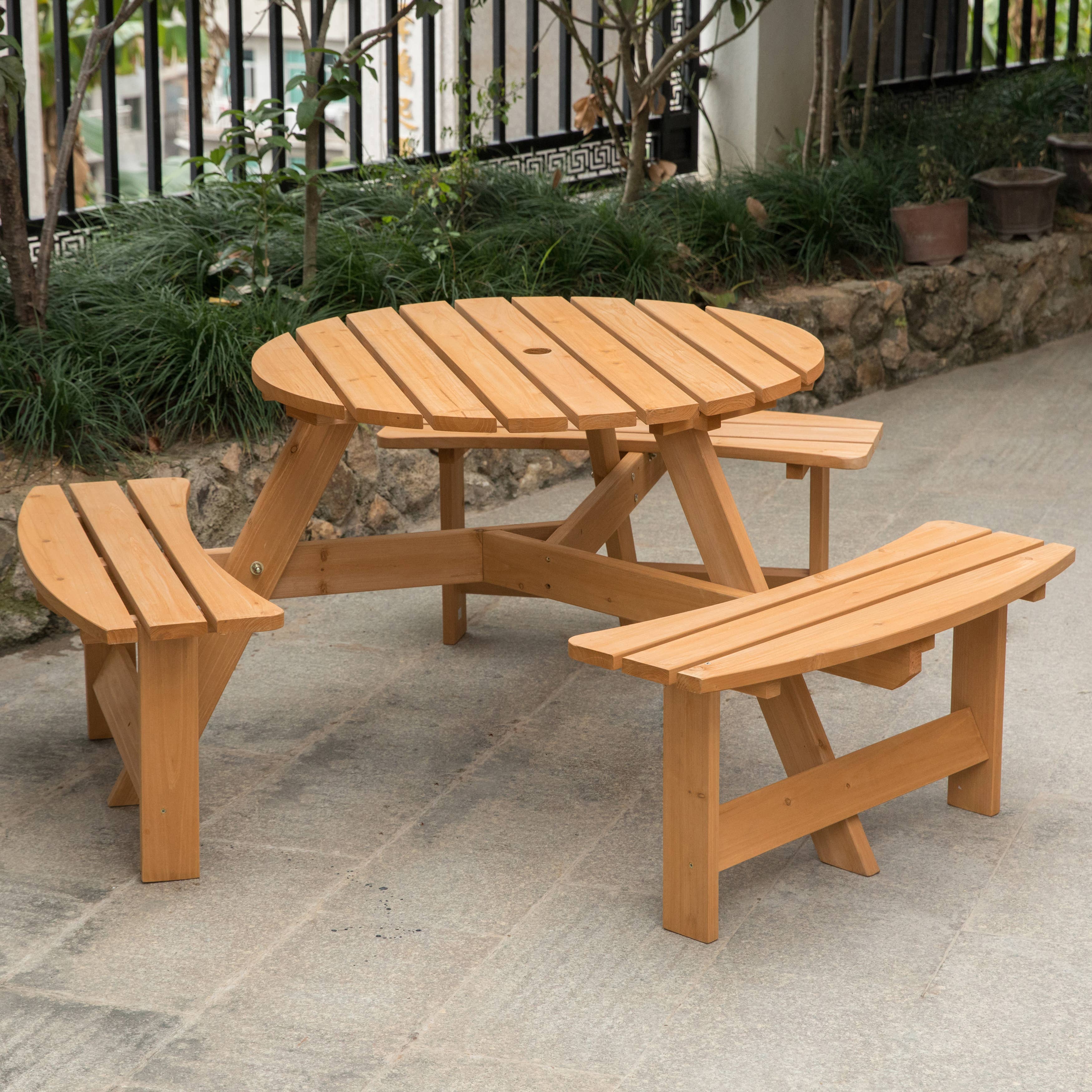 Quickway Imports - Wholesale Patio Table - Wooden Round Picnic Table with Bench for Patio, 6- Person2
