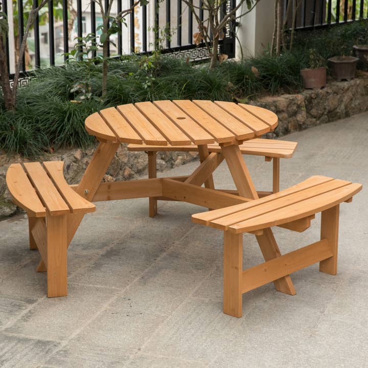 Quickway Imports - Wholesale Patio table - Wooden Round Picnic Table with Bench for Patio, 6- Person2