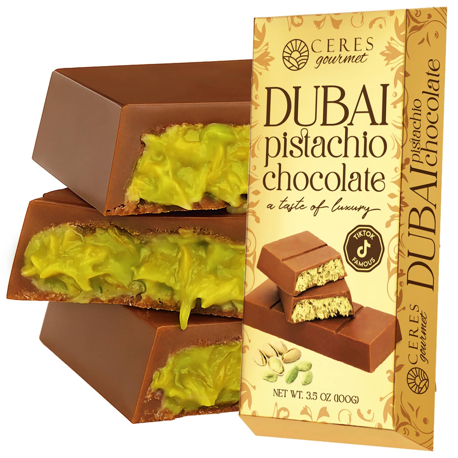 Ceres Gourmet - Wholesale Chocolate Bar - 3.5oz Milk Dubai Chocolate Bar Pistachio & Gift-Ready Pack 4