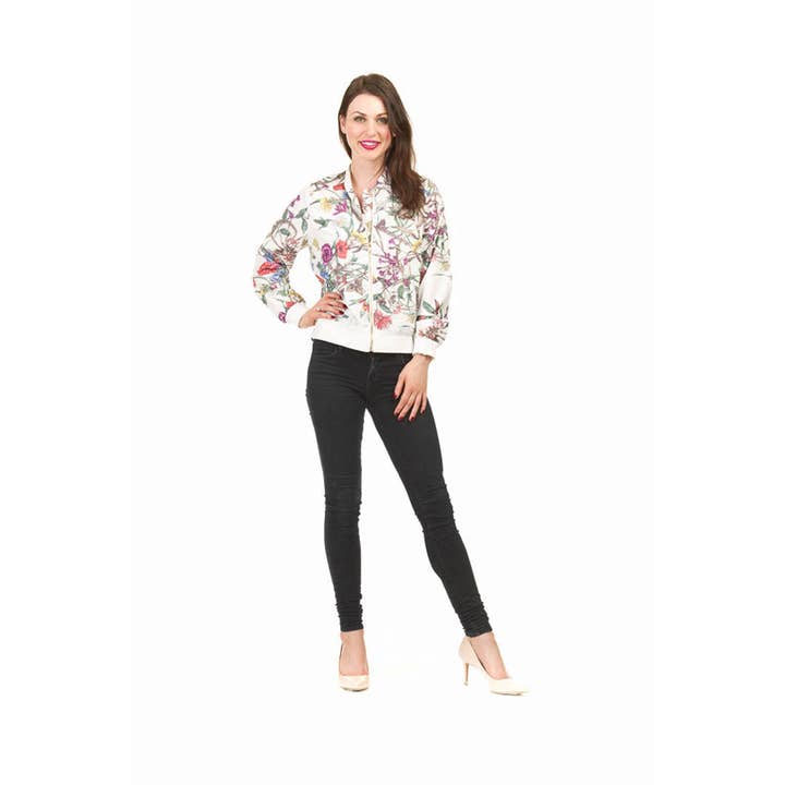 JT01701 WHITE Floral Print Bomber Jacket for wholesale by Papillon