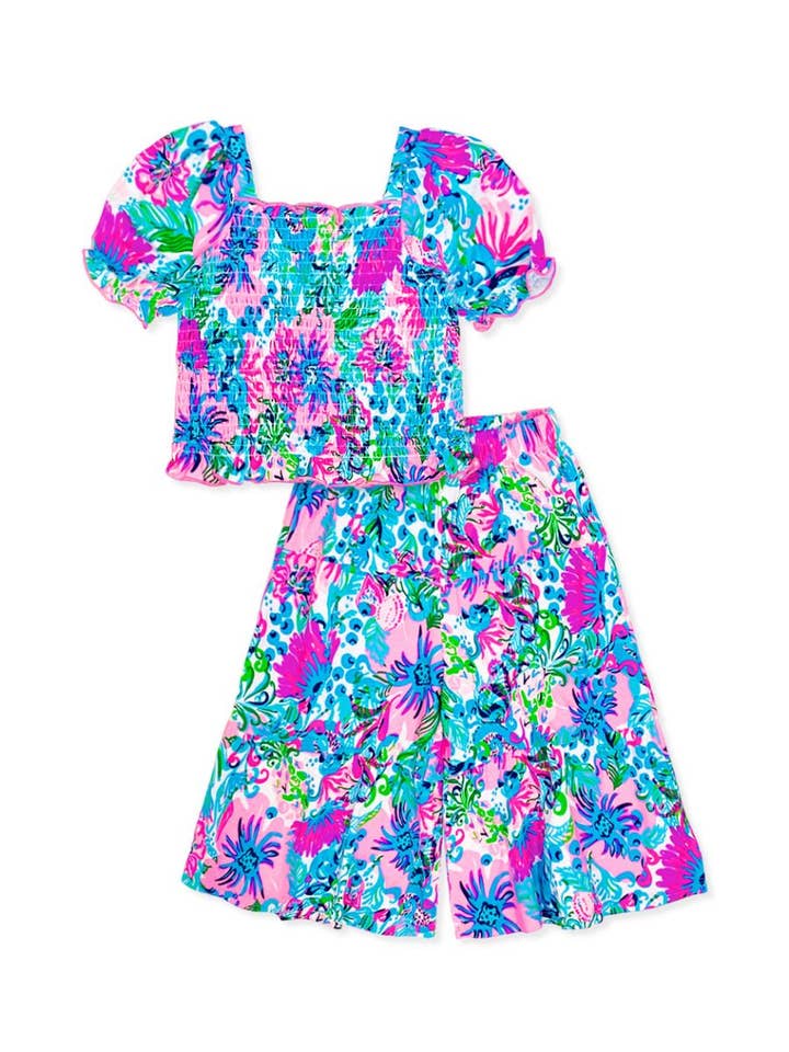 Pink Blue Sea Floral GKSS-3171B-Q74 Girl's 2 pcs Maxi Skirt Set w/ Smocking Top for wholesale on Faire
