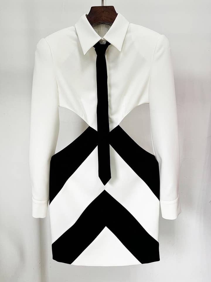 White DR0205 Chic Tie-Waist Hollow Dress in Monochrome for wholesale on Faire