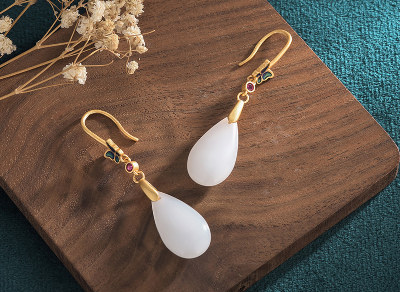 Bright MacMing - Wholesale Dangle Earrings - Enamel Butterfly on A Drop of White Jade Earrings2
