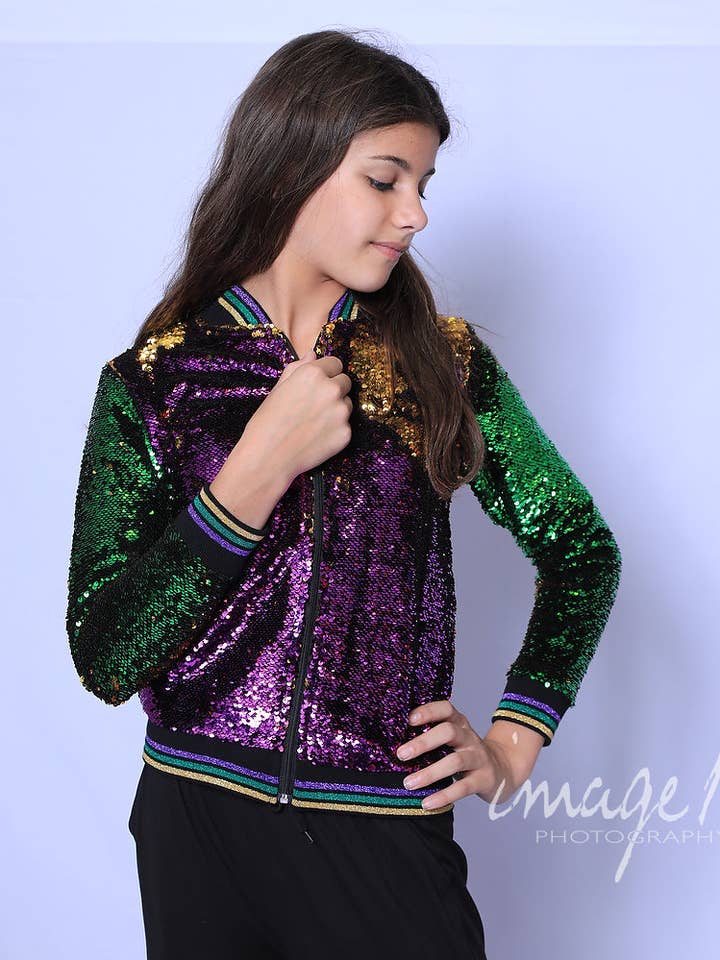 Paillettenjacke in Violett, Grün und Gold Youth Classic für den Großhandel von Mardi Gras Creations
