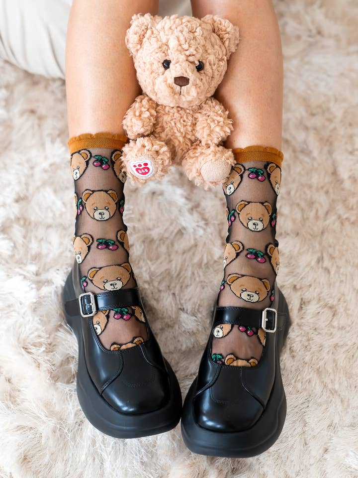 Teddy Bear Ruffle Black Sheer Crew Sock for wholesale by Sock Candy