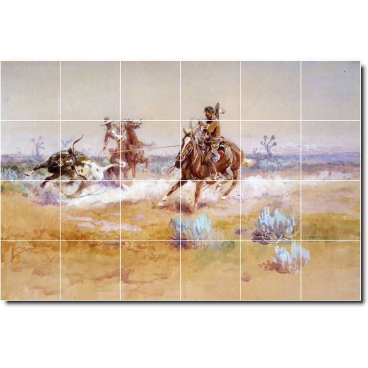 Western Ceramic Wall Tile Mural by Charles Russell for wholesale by Picture-Tiles.com