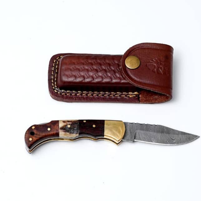 POCKET KNIFE WALNUT WOOD & STAG 6.5'' DAMASCUS STEEL TF-019 for wholesale by Titan International