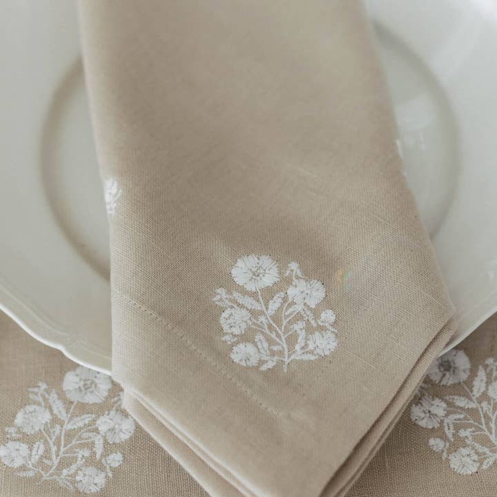 Natural White Embroidered Dinner Napkins in Linen Cotton, Set of Four for wholesale on Faire2