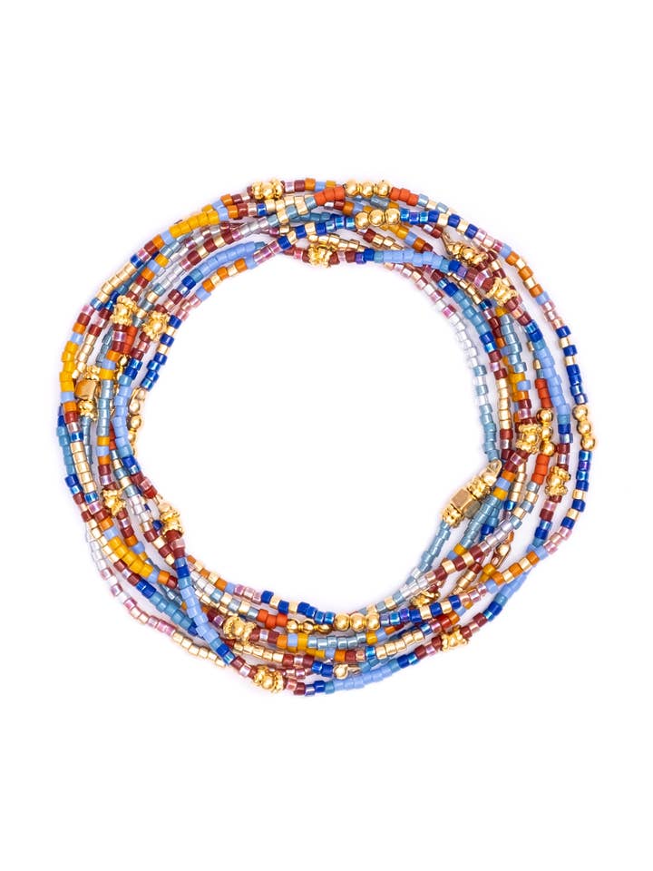 Set/7 Miyuki Beaded Stretch Bracelets (Blue/Brown/Rust) for wholesale by Mayana Designs Co