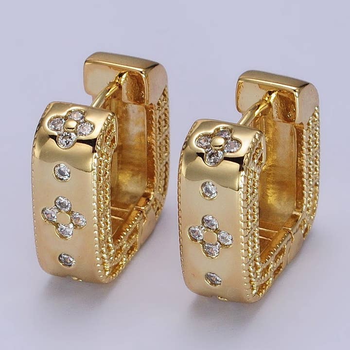 24K Gold Filled Clear Quatrefoil CZ Square Huggies Earrings | AB196 and other Purchase Wholesale zenith. Free Returns & Net 60 Terms on Faire trending on Faire.