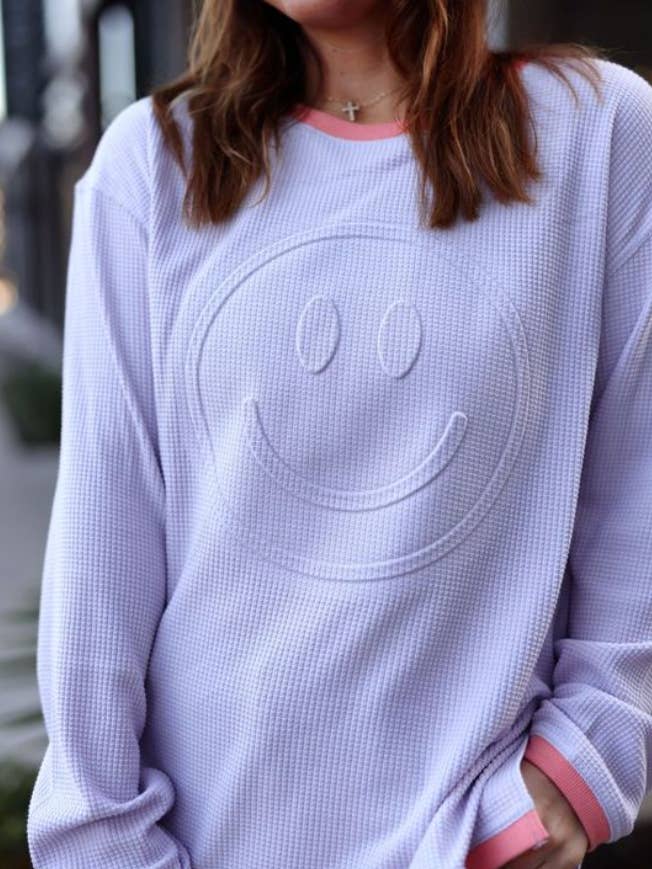 Jadelynn Brooke - Wholesale Sweatshirt - Women's - Happy Days Ahead Embossed- Sweatshirt (Lilac/Coral)