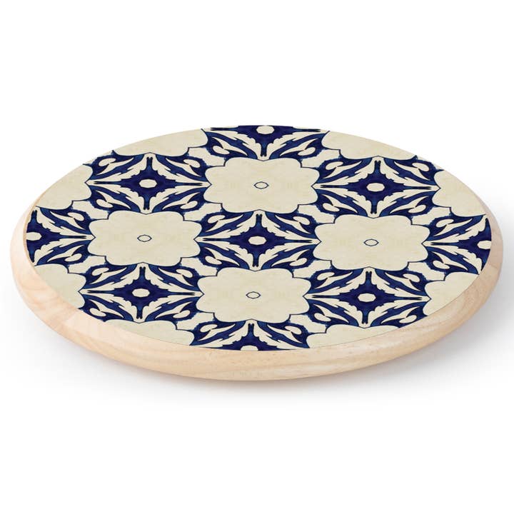 "Blue Floral Tile" Wood Lazy Susan Turntable 14" Diameter for wholesale by CounterArt/Highland Home/Thirstystone/CoasterStone
